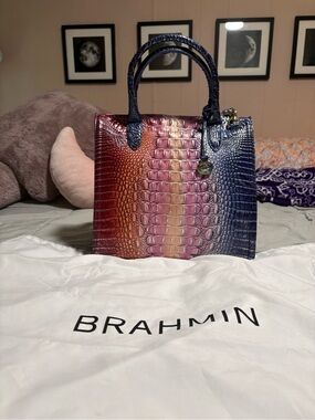 Brahmin Rainbow Croc-Embossed Leather Satchel in Red, Pink, Gold, Blue